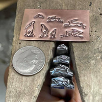 Hares! Leaping and Gazing. Six Designs, Three Sizes. Engraved Metal Hand Stamp.