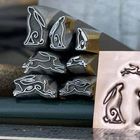 Hares! Leaping and Gazing. Six Designs, Three Sizes. Engraved Metal Hand Stamp.